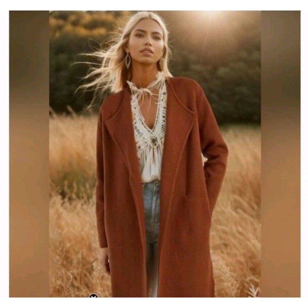 Carolina Belle Montreal Scuba Rust‎ Orange Brown Long Cardigan Duster Jacket